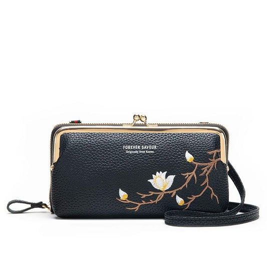 Black Embroidered Crossbody Wallet With Large Capacity - Black