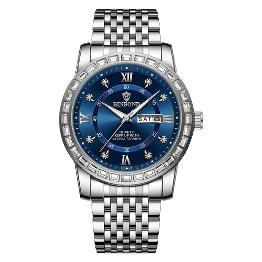 Diamond Dual-calendar Luminous Quartz Watch - B2202 - White Steel-Blue
