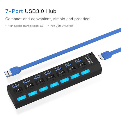 7-Port Usb 3.0 Hub 5Gbps Plug & Play 1Tb Support - Black