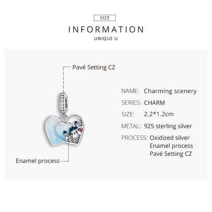 925 Sterling Silver Charming Scenery Heart Pendant For Diy Bracelet Or Necklace