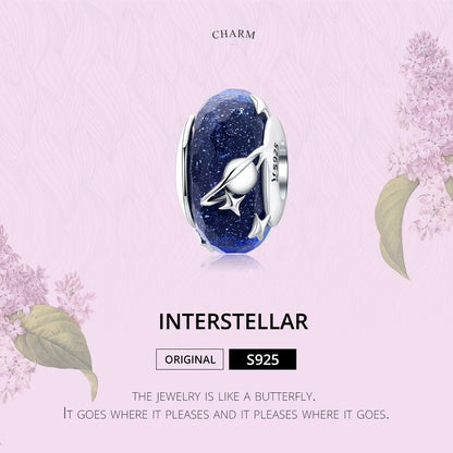925 Sterling Silver Blue Glass Bead Pendant With Starry Sky Design