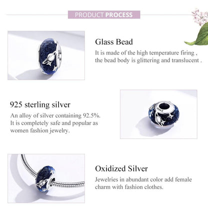 925 Sterling Silver Blue Glass Bead Pendant With Starry Sky Design