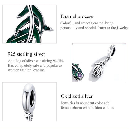 925 Sterling Silver Peacock Feather Pendant For Diy Bracelet Or Necklace