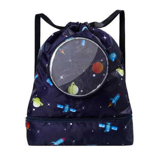 Blue Waterproof Drawstring Beach Bag L Size For Kids Wet & Dry Separation Shoulder Strap - Tibetan L