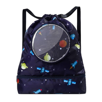 Blue Waterproof Drawstring Beach Bag L Size For Kids Wet & Dry Separation Shoulder Strap - Tibetan L