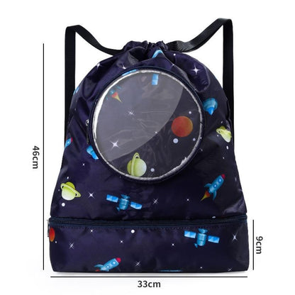 Blue Waterproof Drawstring Beach Bag L Size For Kids Wet & Dry Separation Shoulder Strap - Tibetan L