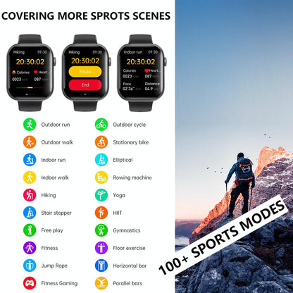 2.1 Inch Screen Smart Watch With Blood Sugar / Blood Oxygen Monitoring / Sos Alarm / 100+ Sports Modes - Black 3-Bead Steel - Black Bamboo