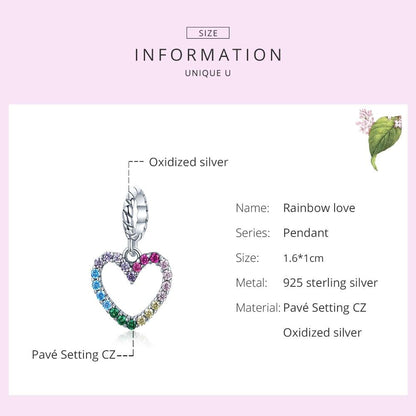 925 Sterling Silver Rainbow Heart Pendant For Diy Bracelets & Necklaces
