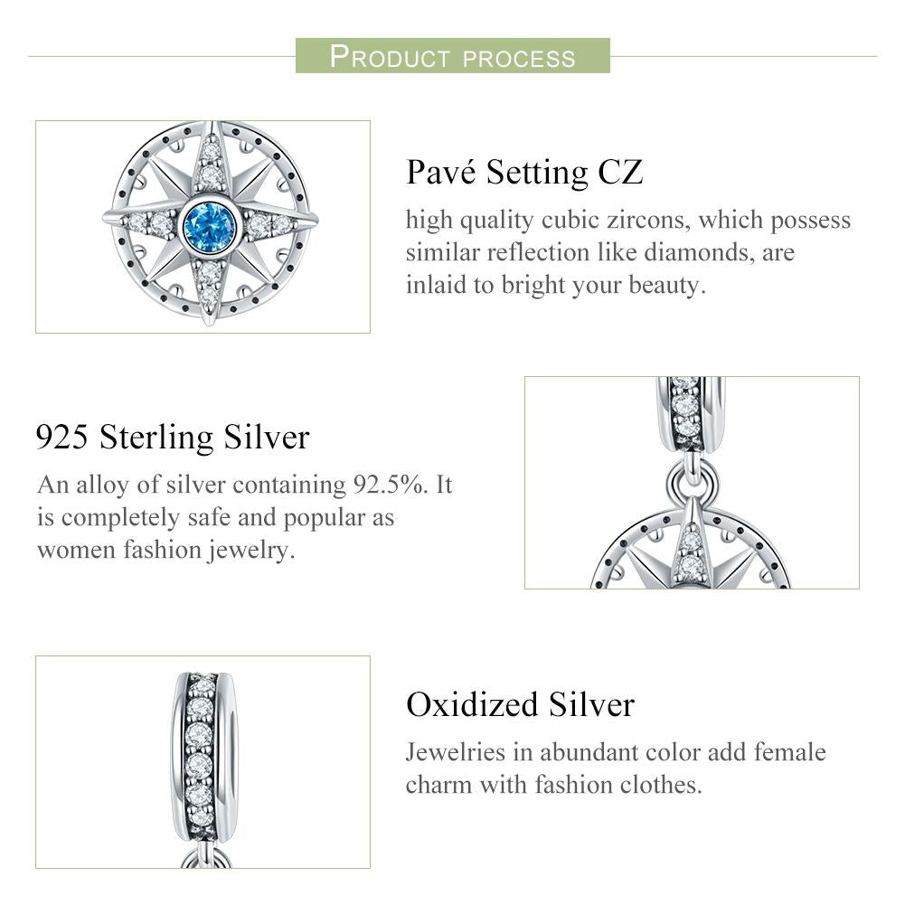 925 Sterling Silver Compass Pendant Necklace