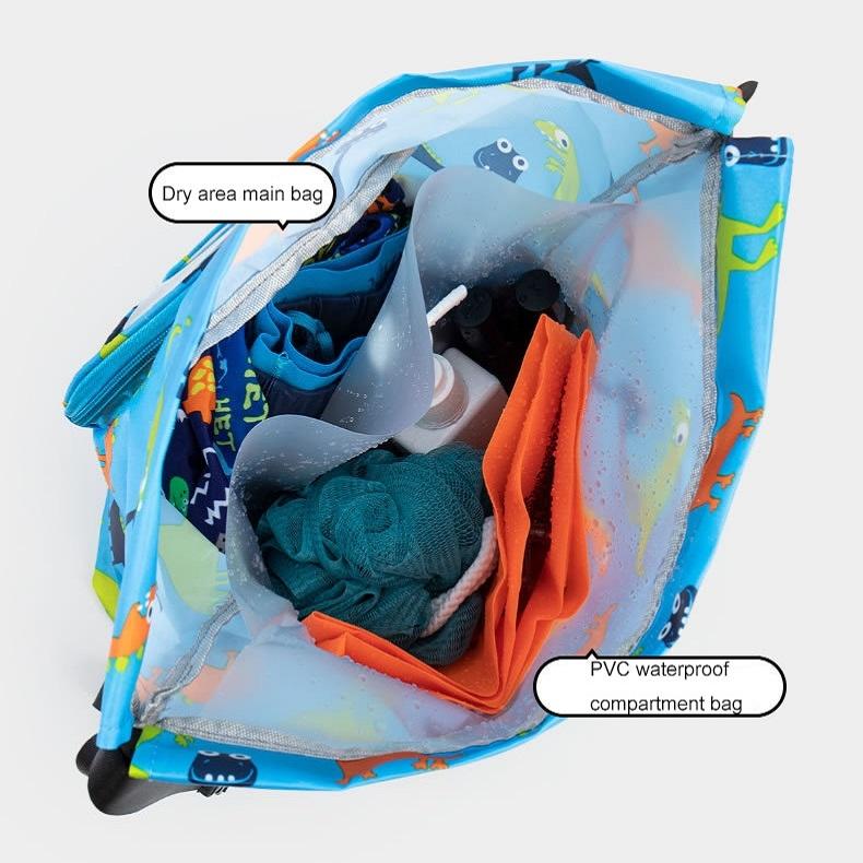 Blue Waterproof Drawstring Beach Bag L Size For Kids Wet & Dry Separation Shoulder Strap - Grey S