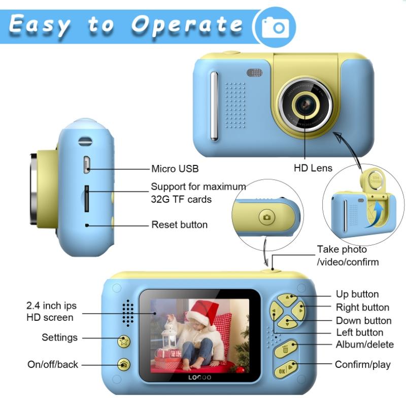 2.4 Hd Reversible Kids Camera + 16Gb Memory Card & Reader - Yellow / Blue
