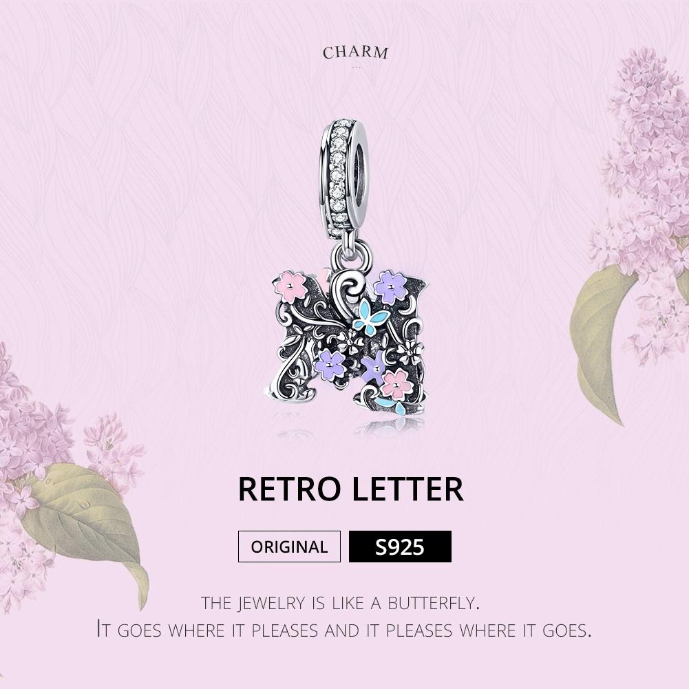 925 Sterling Silver Letter M Pendant For Diy Bracelets & Necklaces