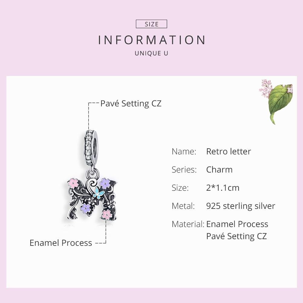 925 Sterling Silver Letter M Pendant For Diy Bracelets & Necklaces