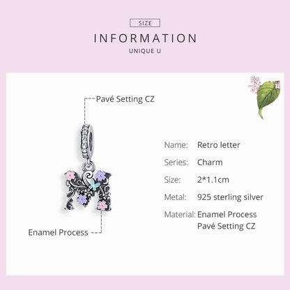 925 Sterling Silver Letter M Pendant For Diy Bracelets & Necklaces