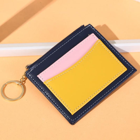 Portable Simple Card Holder Coin Purse With Keychain Unisex Pu Wallet - Blue