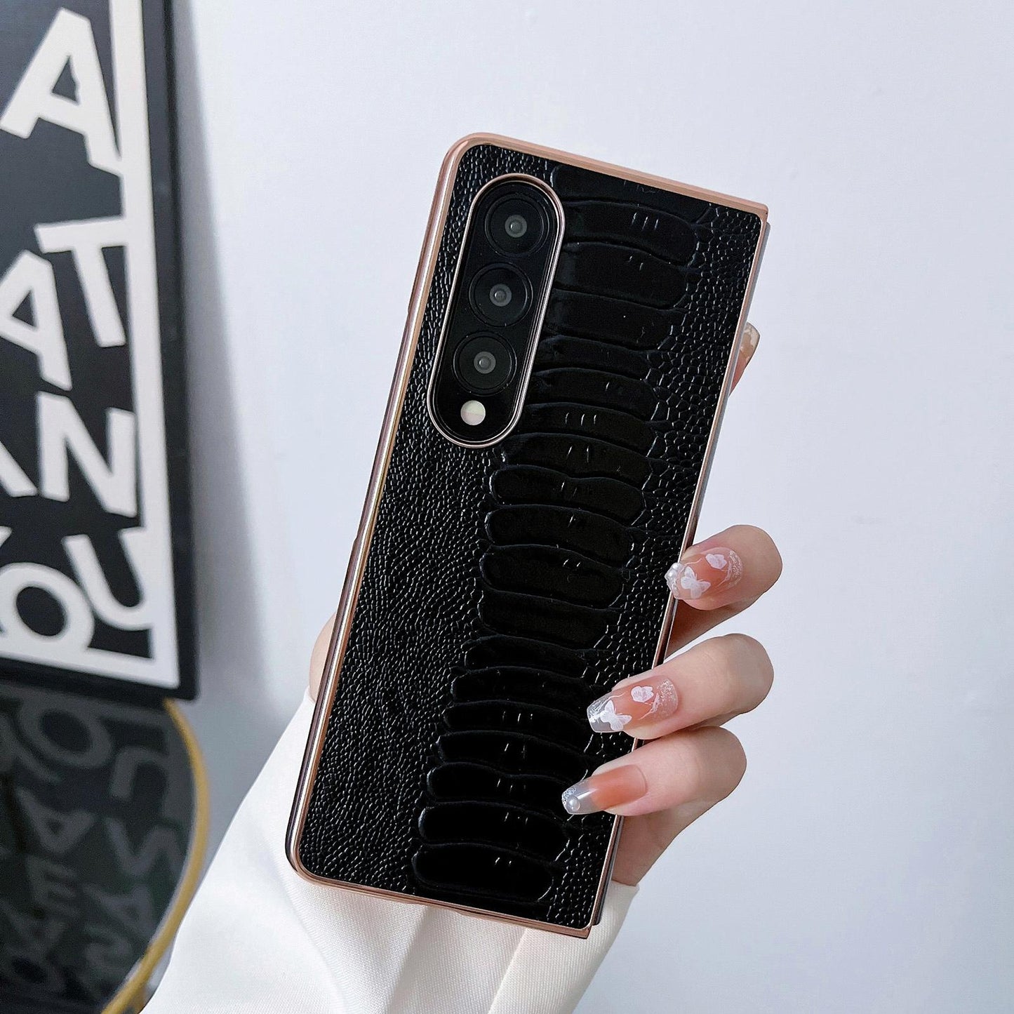 For Samsung Galaxy Z Fold4 5G Genuine Leather Nano Plating Phone Case - Black