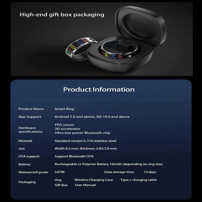 Smart Ring Heart Rate Blood Oxygen Sleep Sports Size 9 - Black