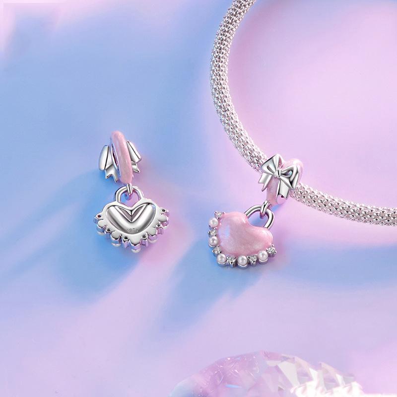 925 Sterling Silver Platinum Plated Bow Heart Pendant Beads