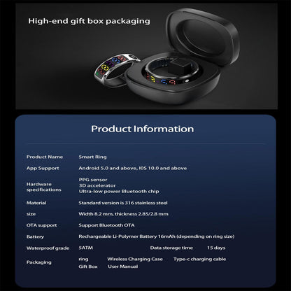 Smart Ring Heart Rate Blood Oxygen Sleep Sports Size 10 - Black