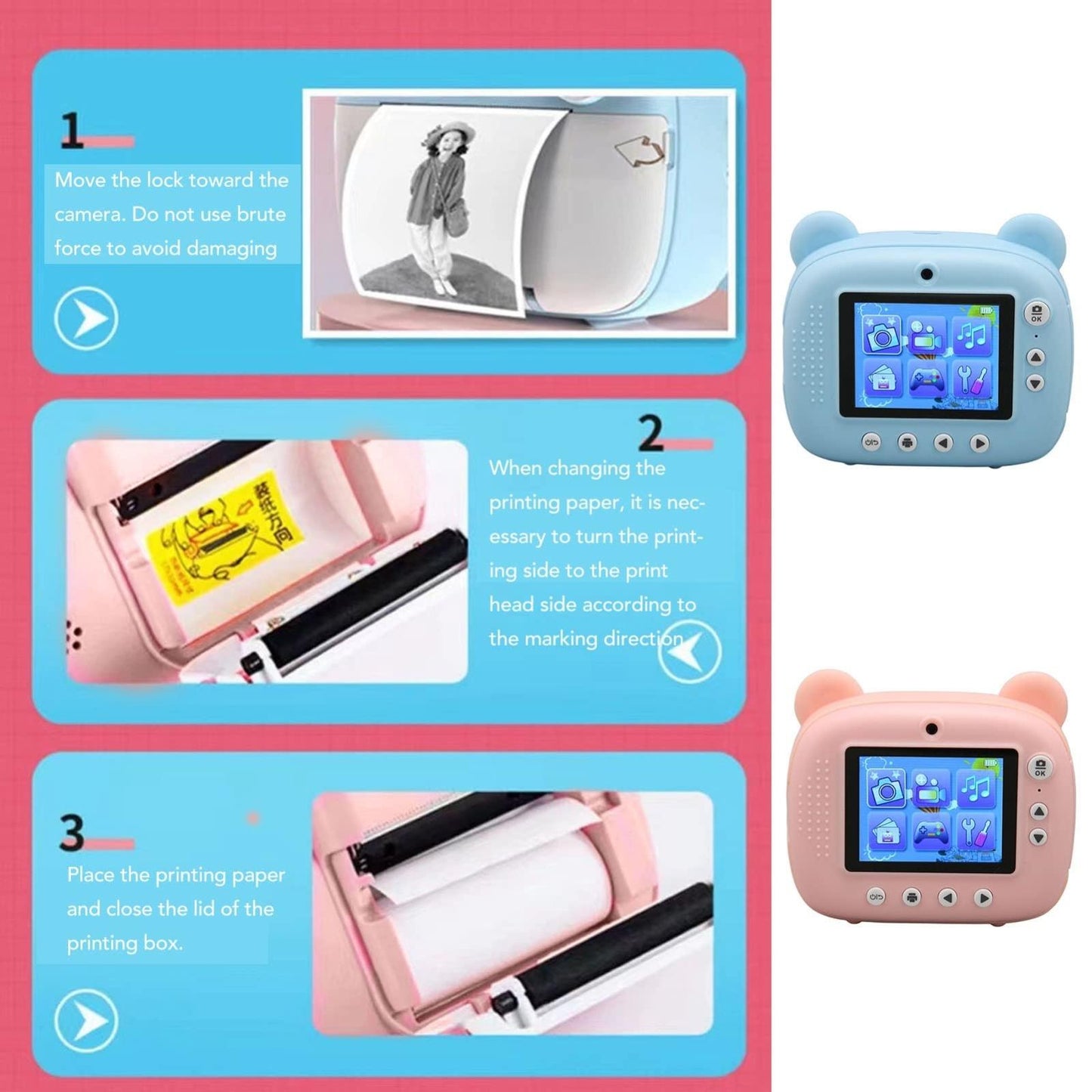 Instant Print Camera for Kids with Dual Lens and 2.4-inch Screen - Pink
