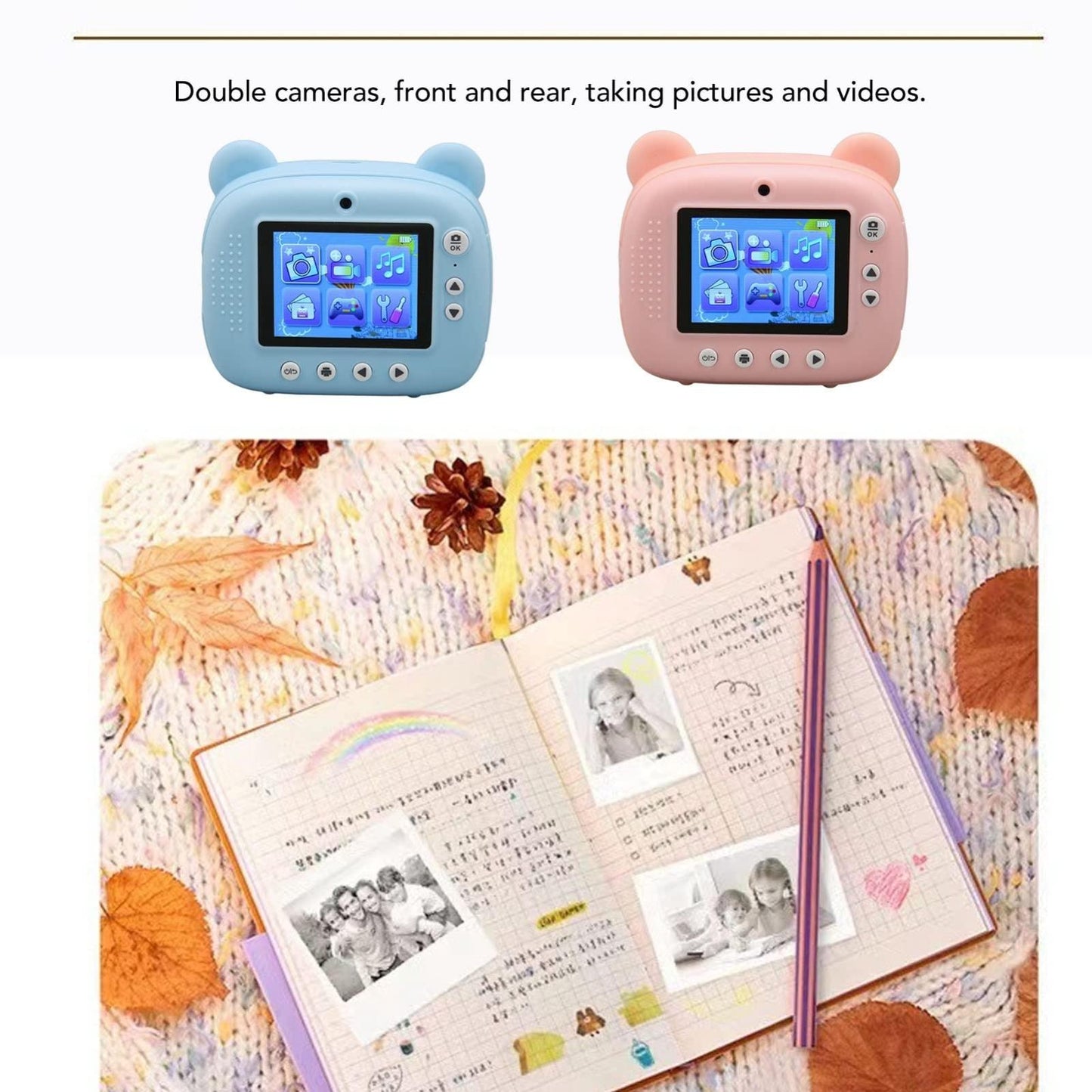 Instant Print Camera for Kids with Dual Lens and 2.4-inch Screen - Pink