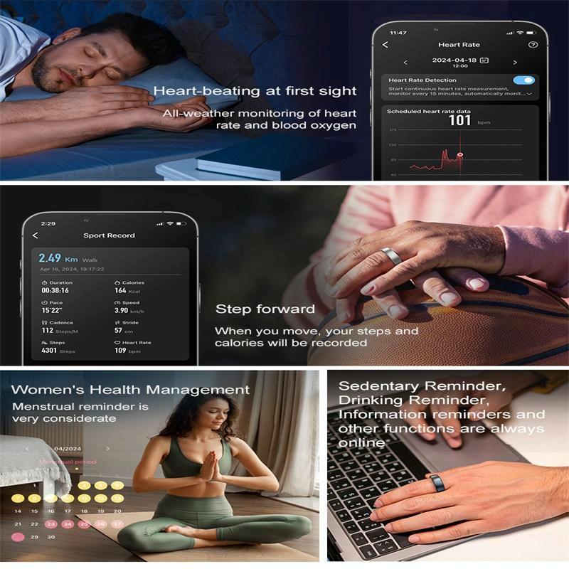 Smart Ring Heart Rate Blood Oxygen Sleep Sports Size 10 - Black