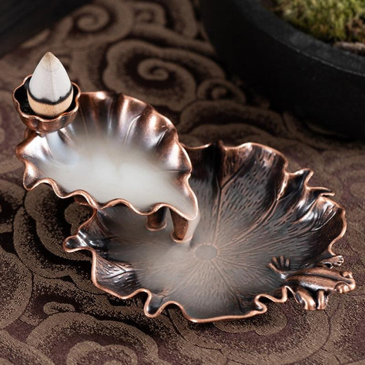 Bronze Lotus Leaf Inverted Incense Burner - Antique Indoor - Copper Colour