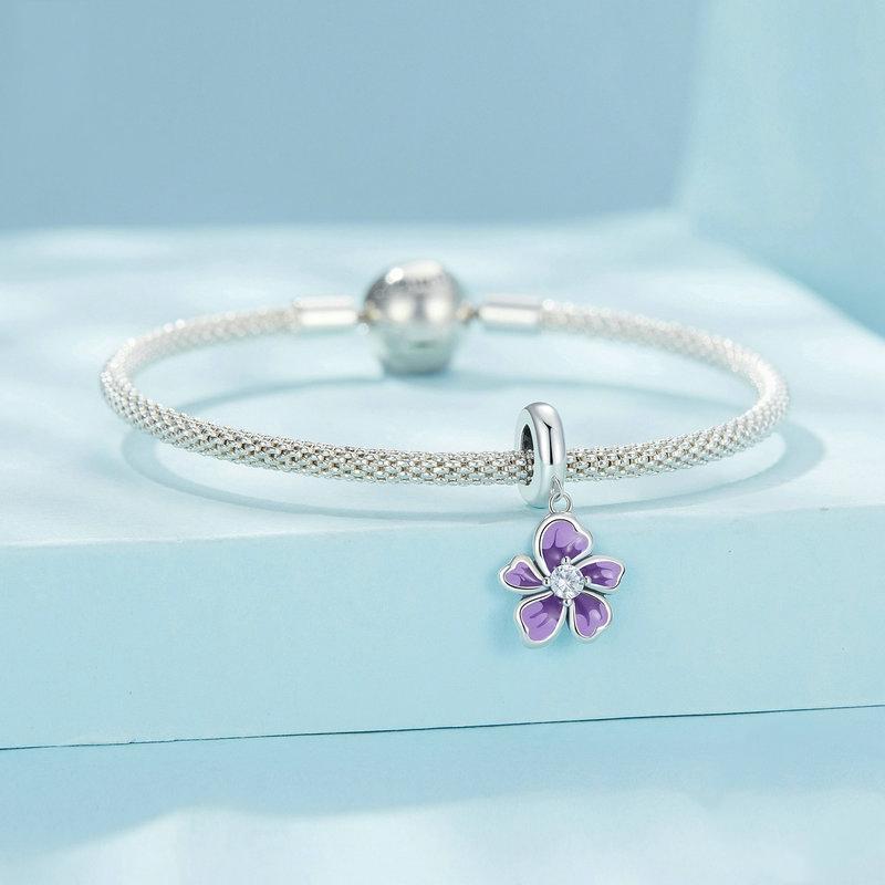 925 Sterling Silver Flower Pendant For Diy Bracelets & Purple Beads
