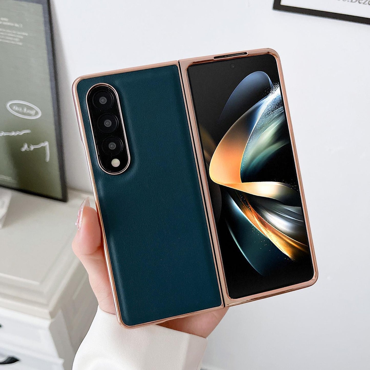 For Samsung Galaxy Z Fold4 5G Xiaoya Series Genuine Leather Plating Case - Black