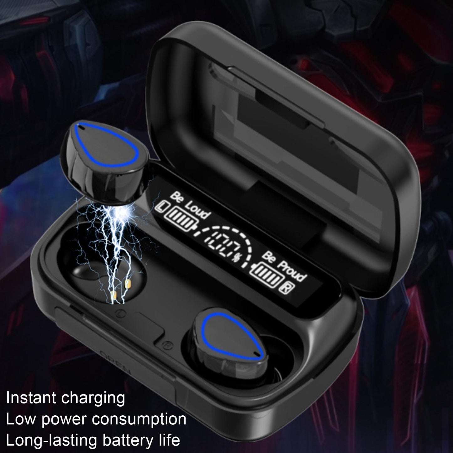 Mini Bluetooth Headset with Charging Bin and Digital Display - Black
