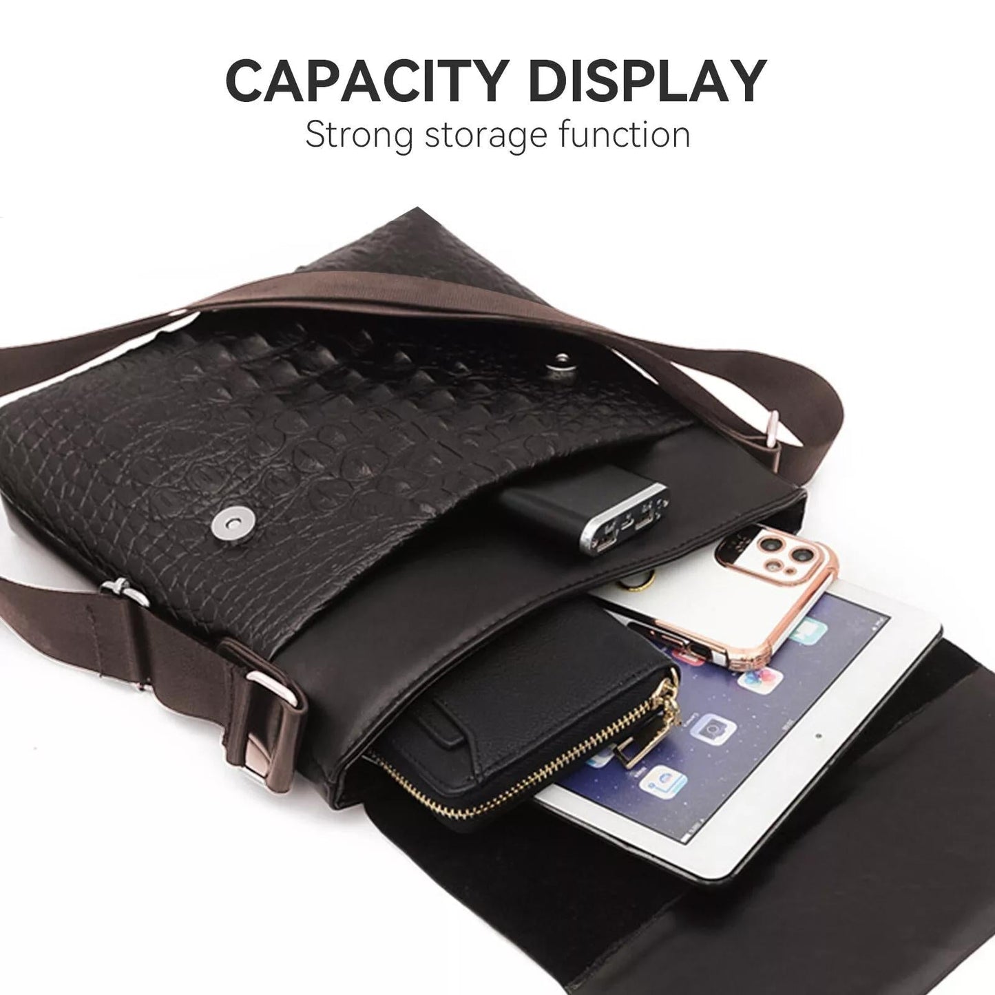 Water Repellent Vertical Leather Shoulder Bag For Men - Black