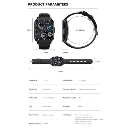 1.83 Inch Bt5.2 Smart Sport Watch Support Bluetooth Call / Sleep / Blood Sugar / Blood Oxygen / Temperature / Heart Rate / Blood Pressure Health Monitor - Black