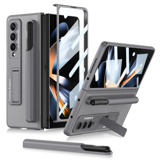 Leather Case with Holder & Pen Slots for Samsung Galaxy z Fold 4 - Thin & Shockproof - Grey