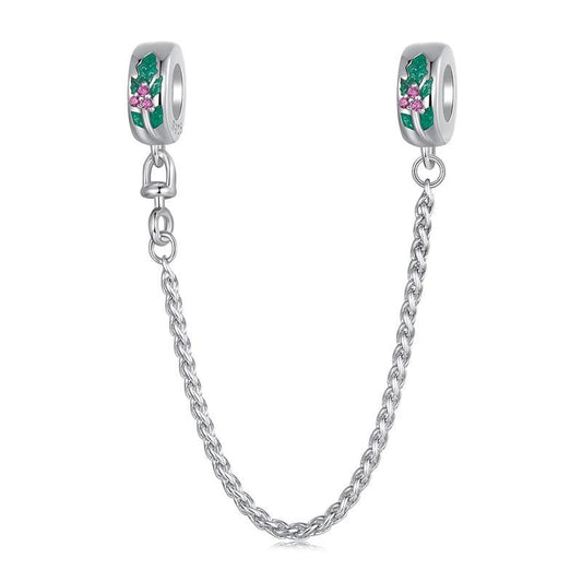 925 Sterling Silver Platinum Plated Leaf Safety Chain Bracelet