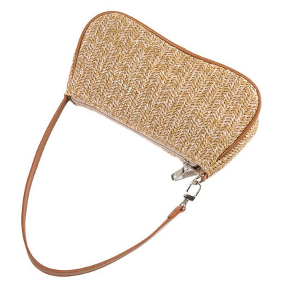 Khaki Woven Straw Shoulder Bag For Women
