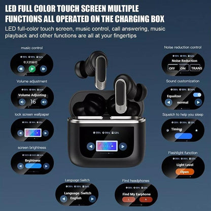 Wireless Bluetooth Earphones with Touch Screen and Active Noise Reduction - Black