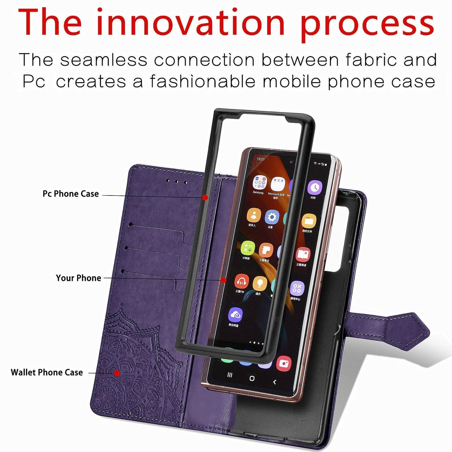 Embossed Mandala Leather Phone Case for Samsung Galaxy z Fold 4 - Black