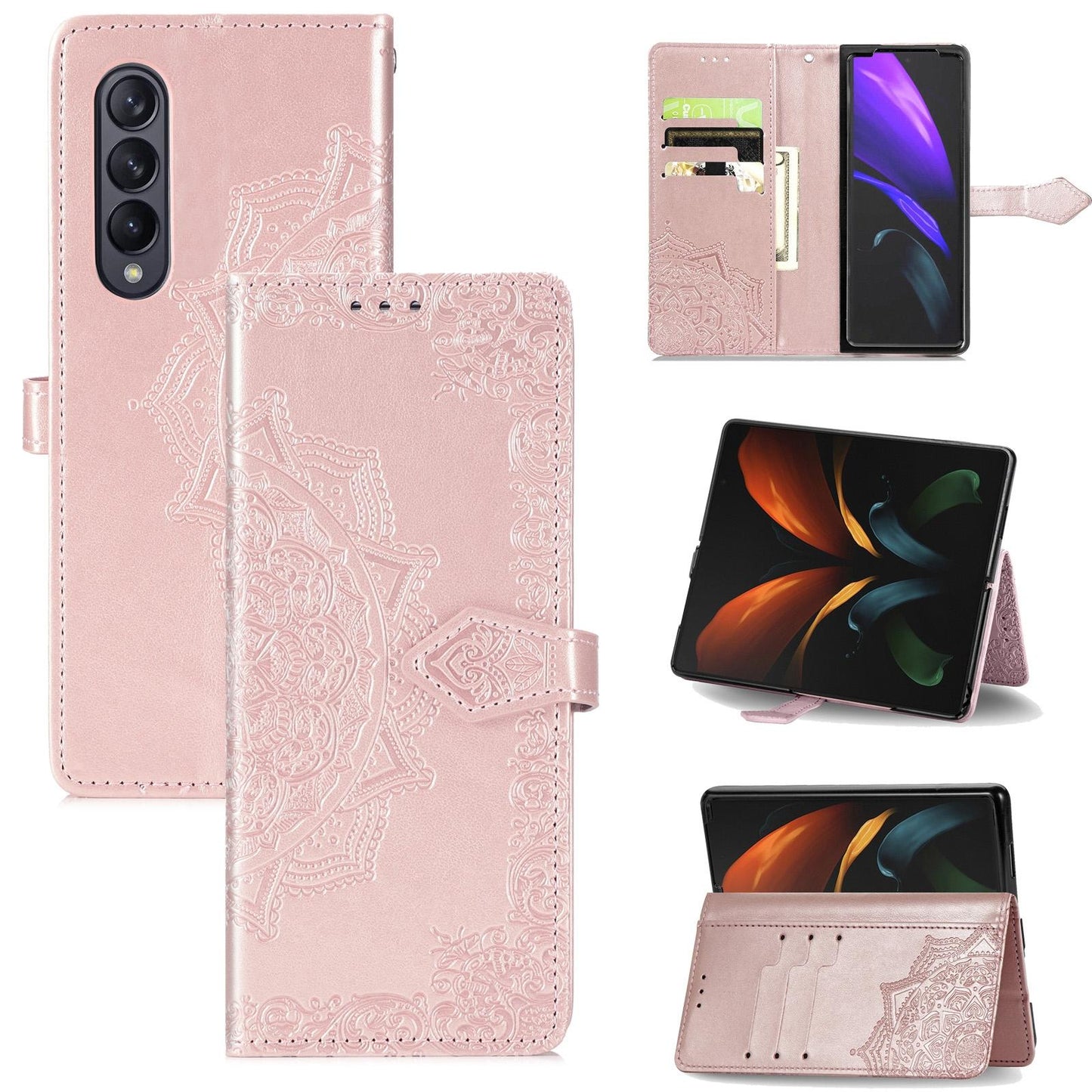 Embossed Mandala Leather Phone Case for Samsung Galaxy z Fold 4 - Black