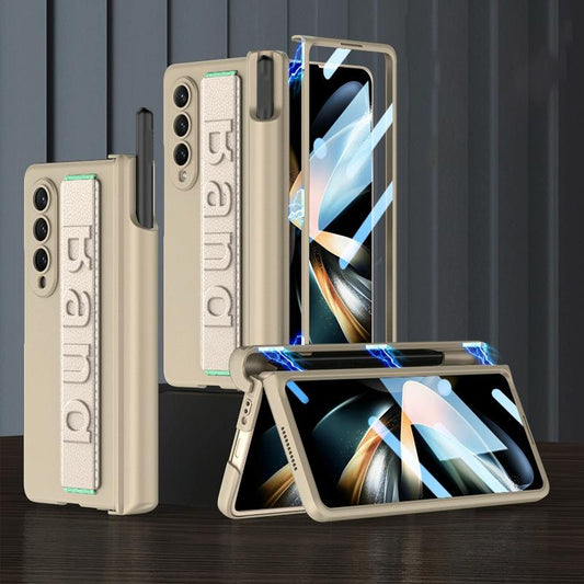 Foldable Phone Case with Magnetic Hinge and Wrist Strap for Samsung Galaxy z Fold 4 - Portable and Secure - Champagne Gold