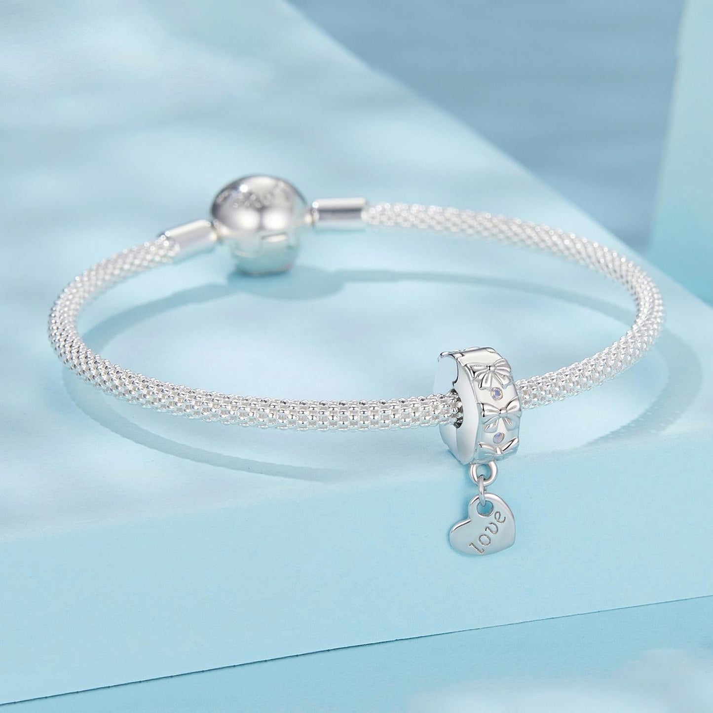 925 Sterling Silver Platinum Plated Bow Heart Bracelet With Beads