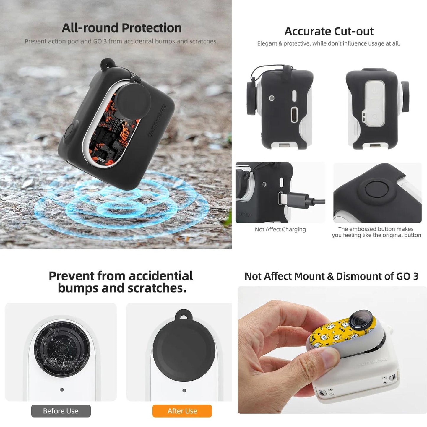 Silicone Case for Insta360 Go 3 with Neck Strap and Skin Wrap - White