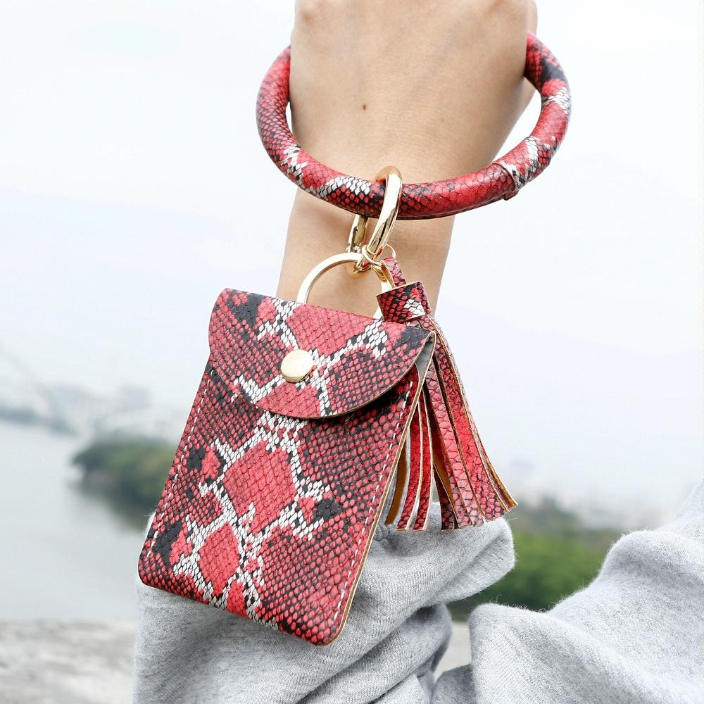 Snake Print Wrist Keychain Coin Purse Black Pu Leather Bracelet Card Case - White
