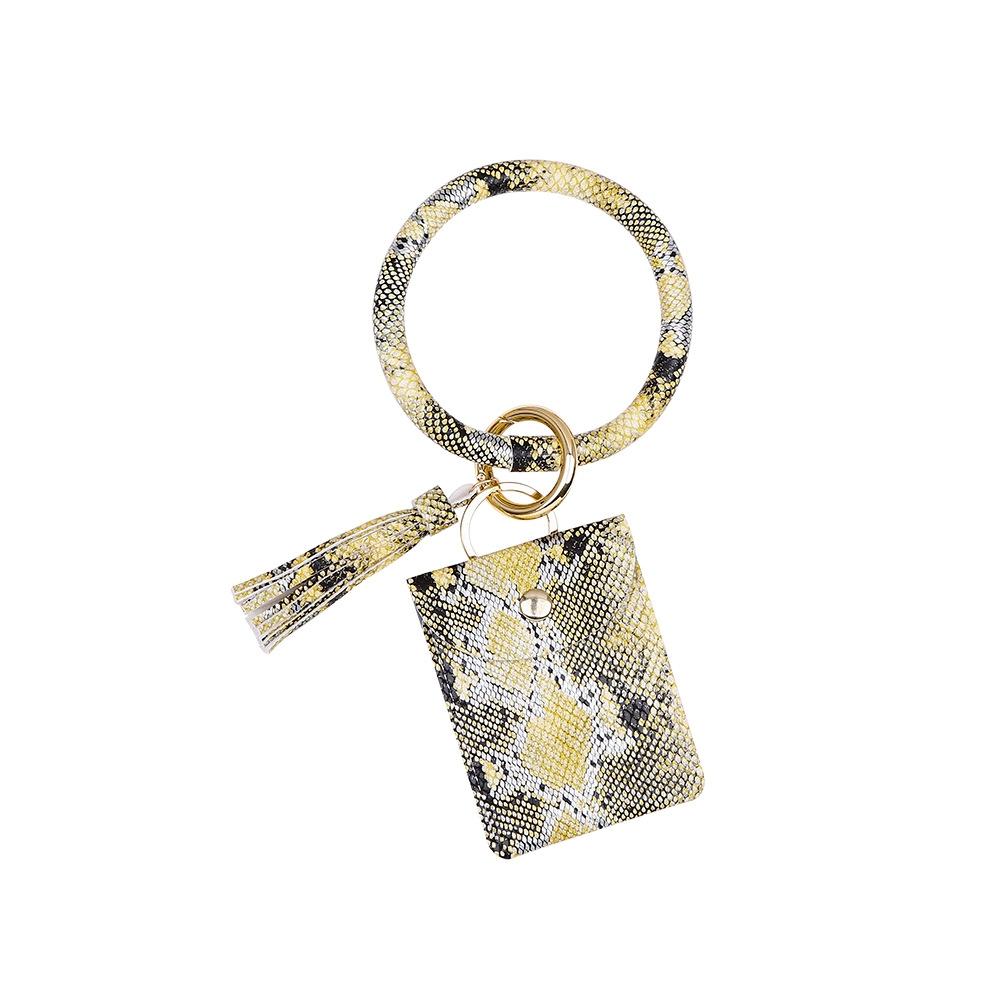Snake Print Wrist Keychain Coin Purse Black Pu Leather Bracelet Card Case - White
