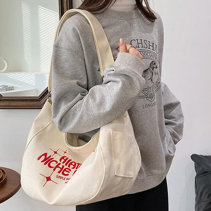 Printed Letter Canvas Tote For Women Spacious & Casual - White