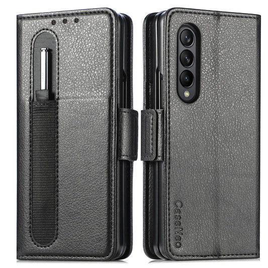 For Samsung Galaxy Z Fold4 5G Litchi Pattern Case With Pen And Card Slots - 4 - Black