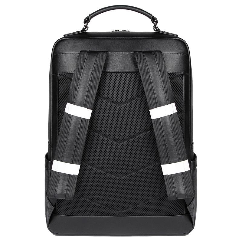 Men Black Cowhide Leather Backpack For Casual Business With Laptop Compartment