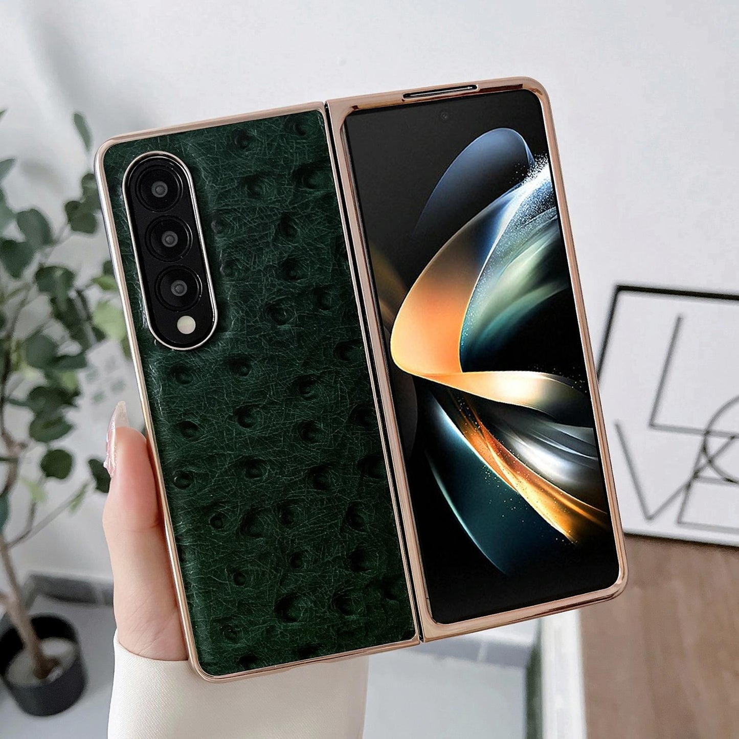 For Samsung Galaxy Z Fold4 5G Ostrich Leather Phone Case - Coffee