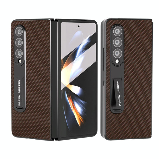 For Samsung Galaxy Z Fold4 5G Carbon Fiber Phone Case With Holder - Brown