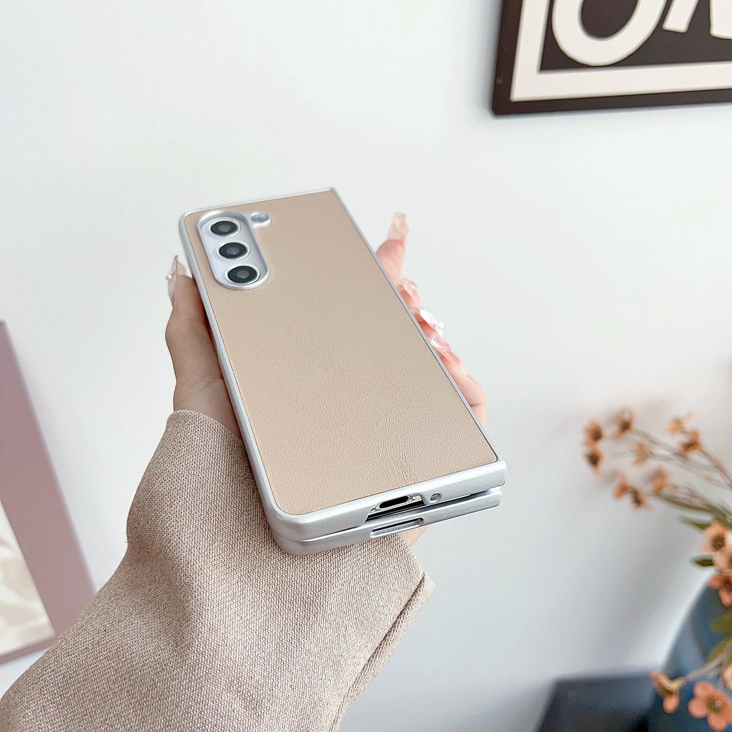 For Samsung Galaxy Z Fold4 5G Shiny Leather Phone Case With Metallic Finish - Pink