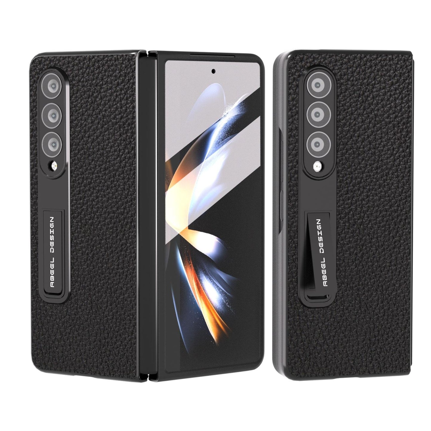 For Samsung Galaxy Z Fold4 5G Leather Phone Case With Holder - Litchi Texture - Black